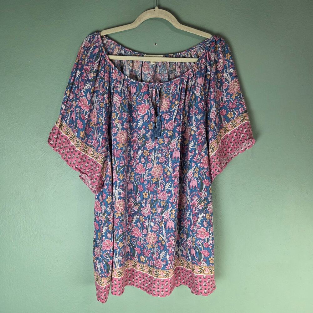 Cynthia Rowley Womens Pink Blue Boho Floral Print SS Peasant Blouse Top Size 1X